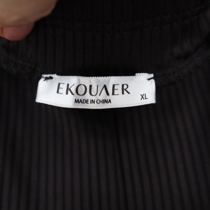 Ekouaer Womens XL Black Ribbed Wide Leg Lounge Pants Elastic Waist Relaxed Fit