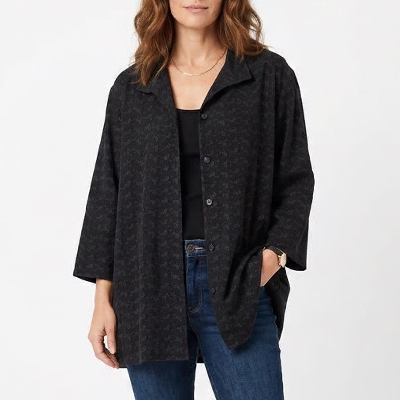 Carole Tomkins The Big Shirt Black Rayon Embroidered Floral Button Down Top XL