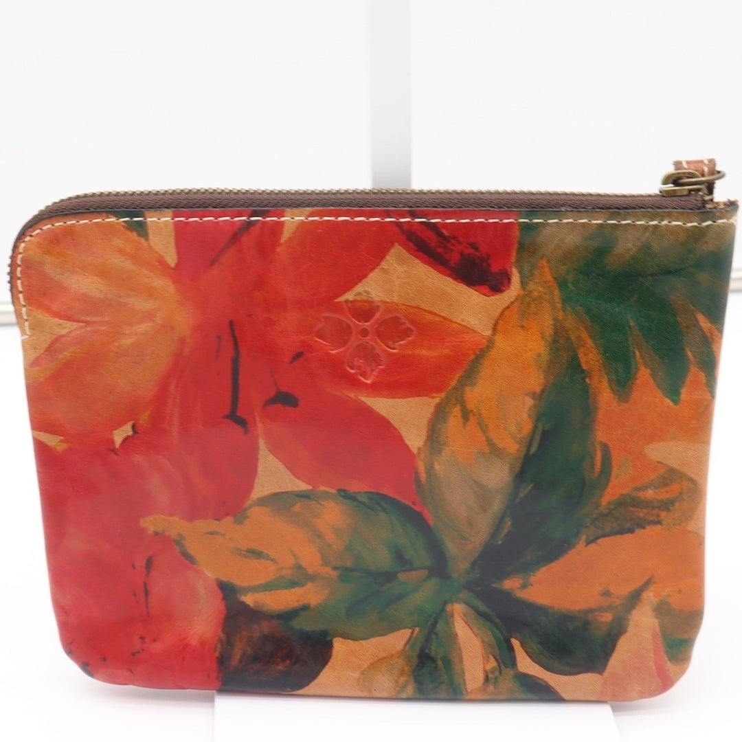 Patricia Nash Red Floral Leather Wristlet Pouch Hand Painted Zip Top Bag