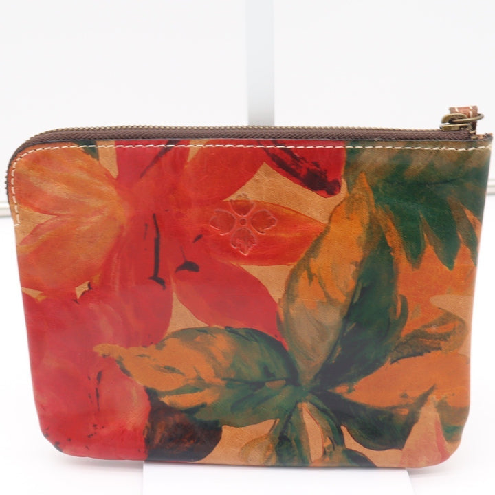 Patricia Nash Red Floral Leather Wristlet Pouch Hand Painted Zip Top Bag