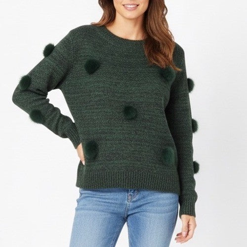 Michelle Nicole Sweater Womens Large Green Knitted Faux Fur Pom Pom Crew Neck