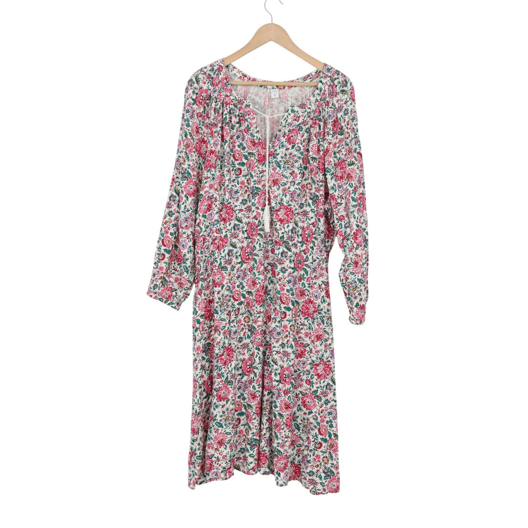 Old Navy Womens XL Pink Floral Split Neck Tassel Midi Dress Long Sleeve
