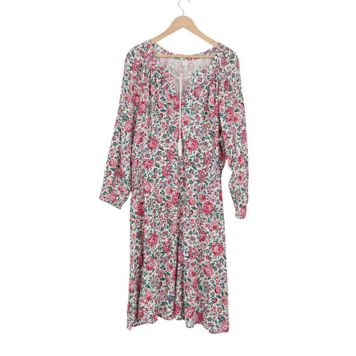 Old Navy Womens XL Pink Floral Split Neck Tassel Midi Dress Long Sleeve