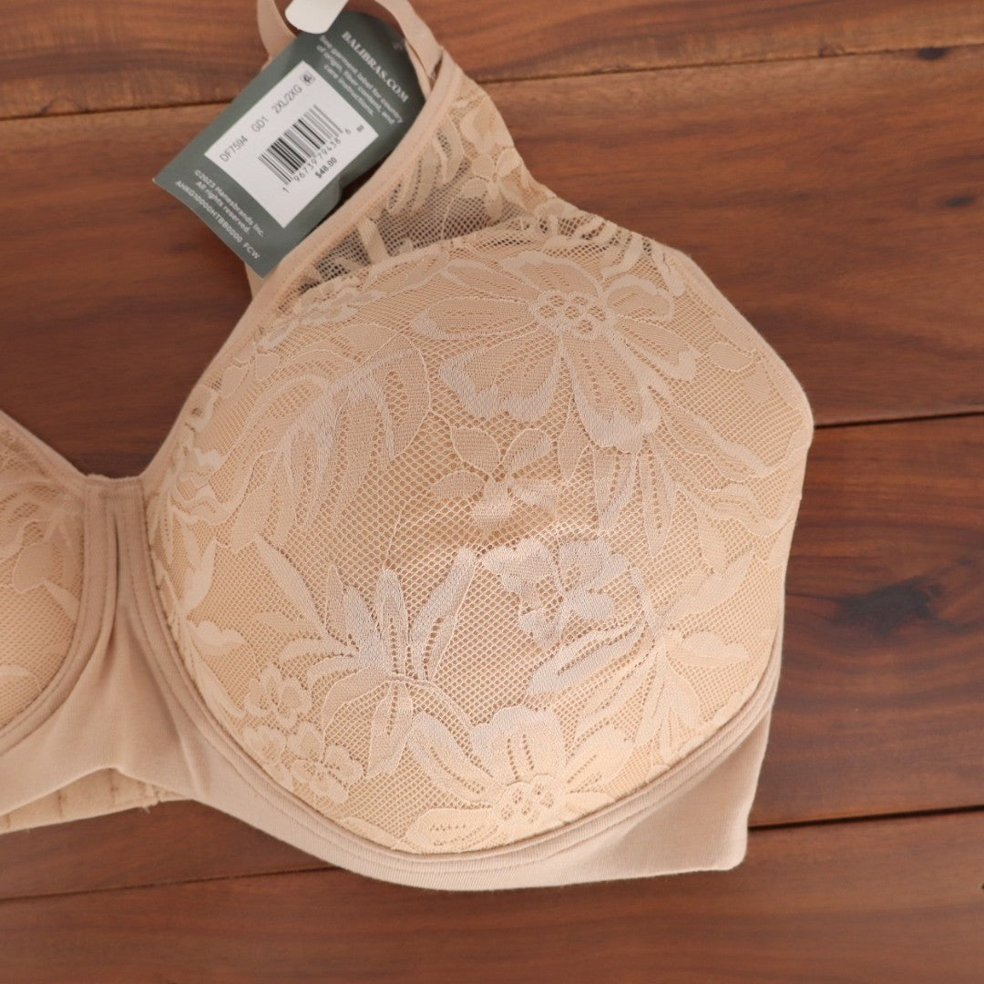 Bali Breathe T-Shirt Bra Womens 2XL Almond Cotton Stretch Wireless Lace Detail