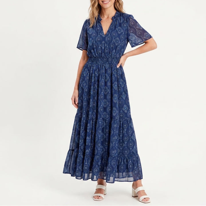 Torrid Navy Blue Medallion Print Tiered Maxi Dress Plus Size 2 V-Neck