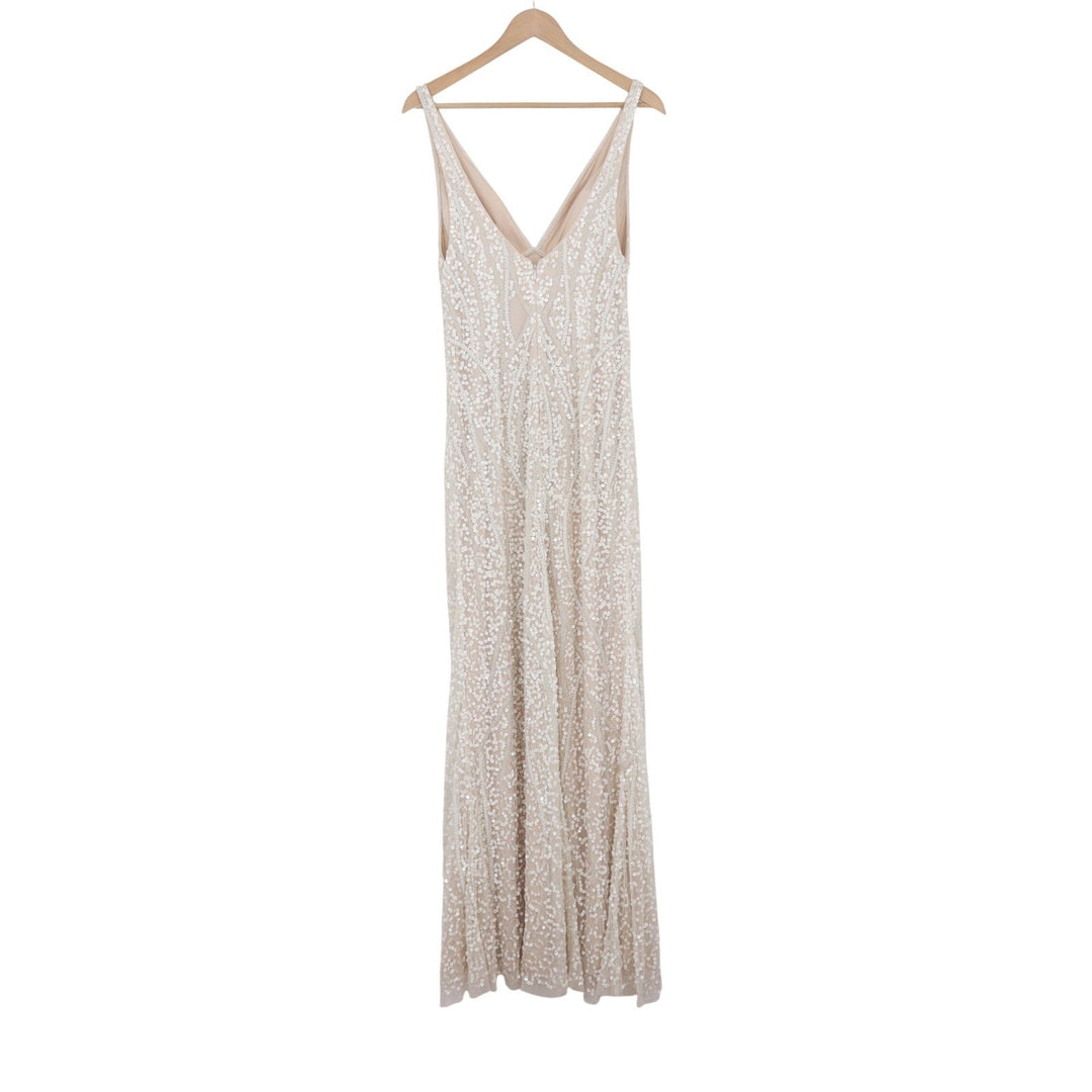 DB Studio Womens Sequin Beaded V-Neck Gown Ivory Nude Size 8