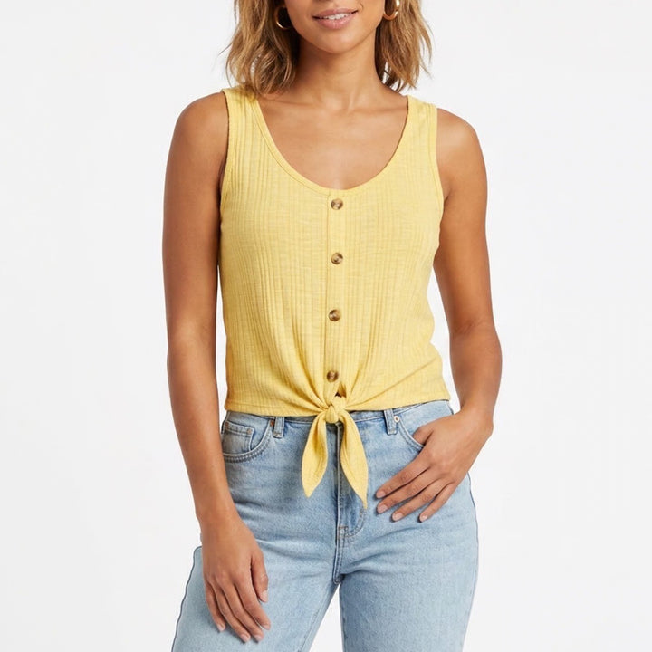 Eye Candy Yellow Ribbed Button Front Tie Hem Sleeveless Tank Top Large