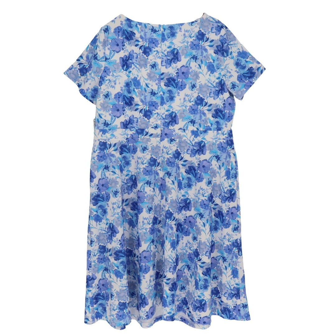London Times Woman Blue Floral Pleated Neck Fit Flare Dress Plus Size 20W