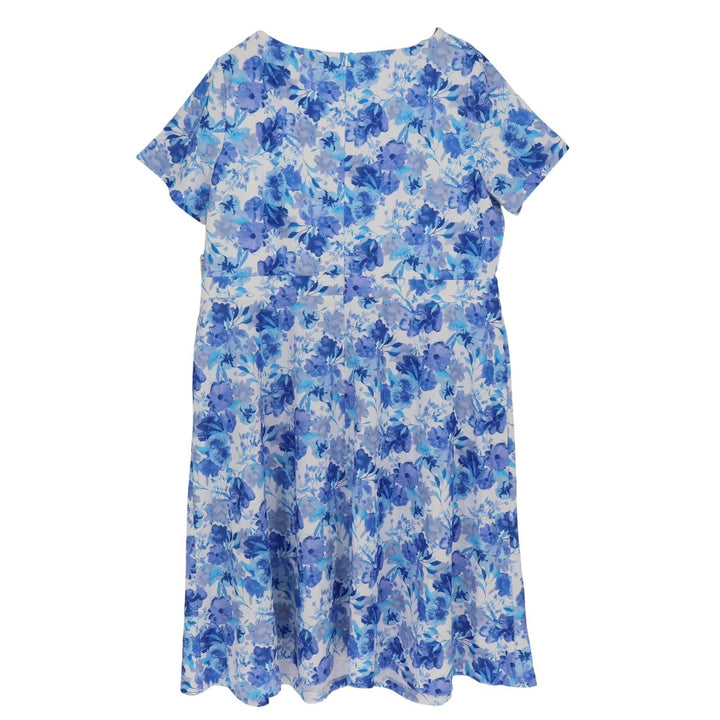 London Times Woman Blue Floral Pleated Neck Fit Flare Dress Plus Size 20W