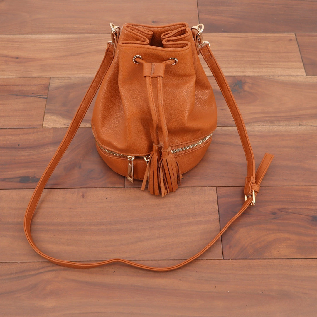 Cognac Brown Faux Leather Drawstring Bucket Bag Tassel Crossbody Zipper Bottom