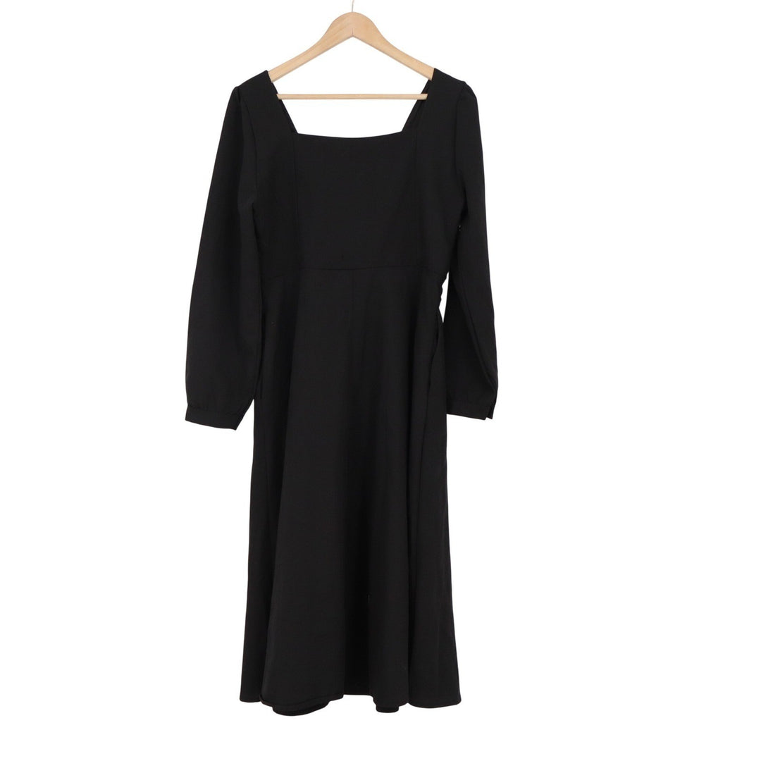 Han Fan Womens Black Square Neck Long Sleeve Midi A-Line Dress XL