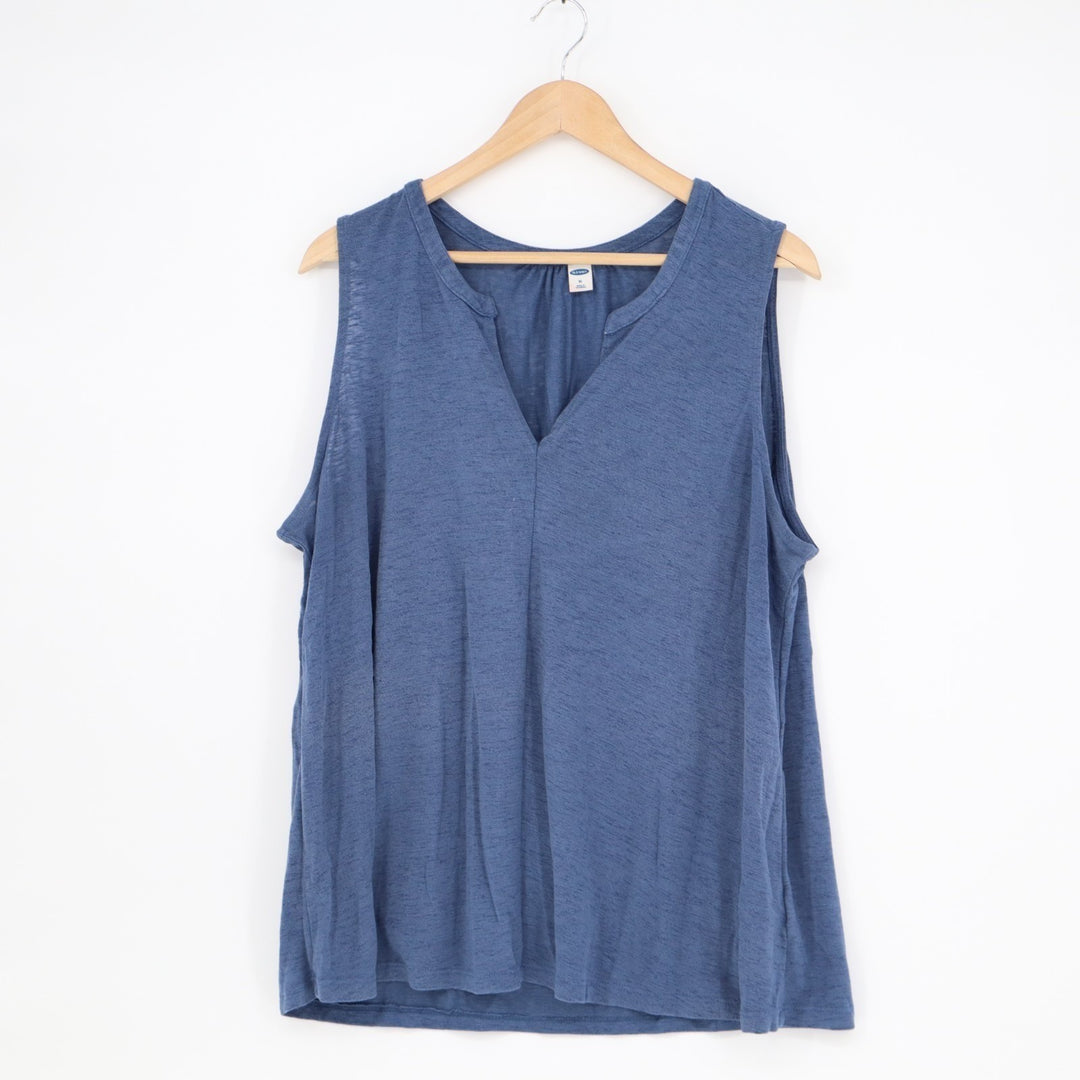 Old Navy Tank Top Women XL Heather Blue Pleated Thigh Length Split Neck Pullover