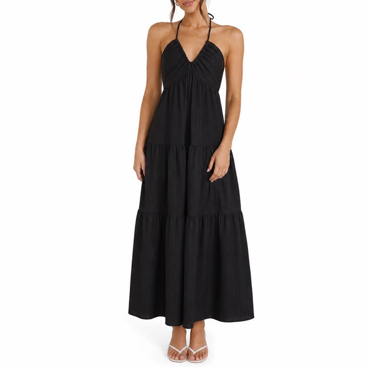 SHEIN Black Halter Tiered Maxi Dress Back Cutout Tie Size L 8/10