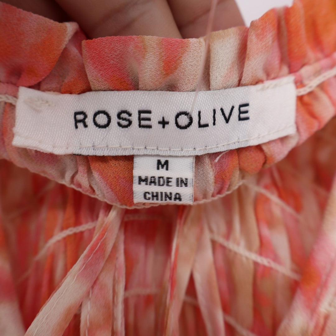 Rose + Olive Orange Pink Abstract Smocked Peplum Blouse Long Sleeve Medium