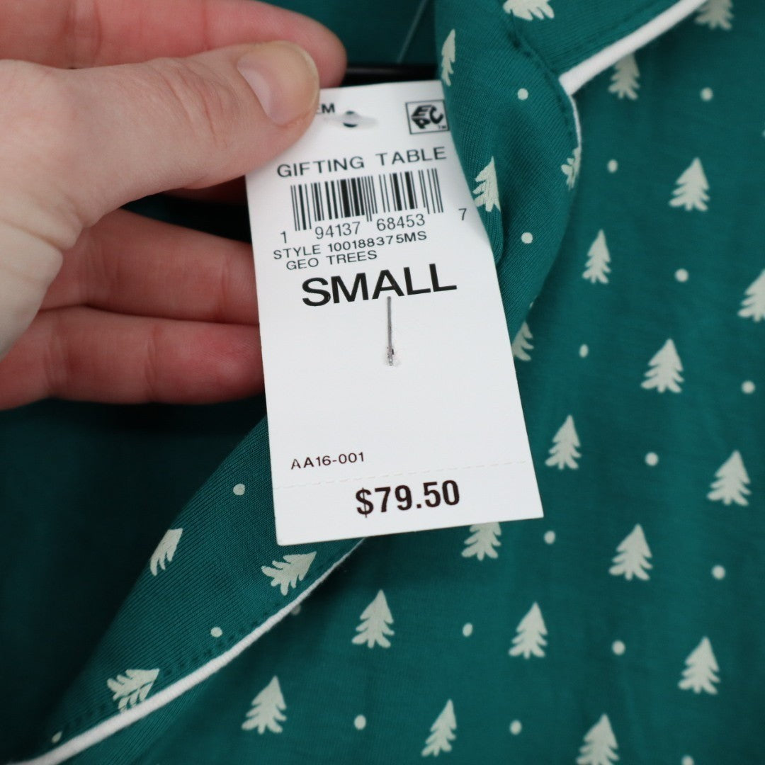 State Of Day Intimates Pajama Top Womens S Green Tree Print Stretch Notch Collar