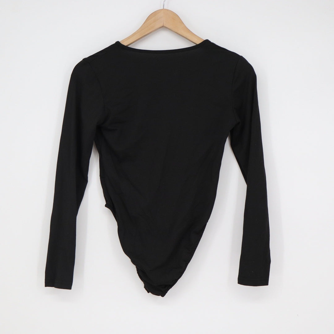 SHEIN Womens Black Deep V-Neck Long Sleeve Bodysuit Size XS 2 Solid Minimalist