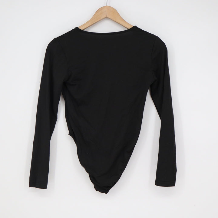 SHEIN Womens Black Deep V-Neck Long Sleeve Bodysuit Size XS 2 Solid Minimalist