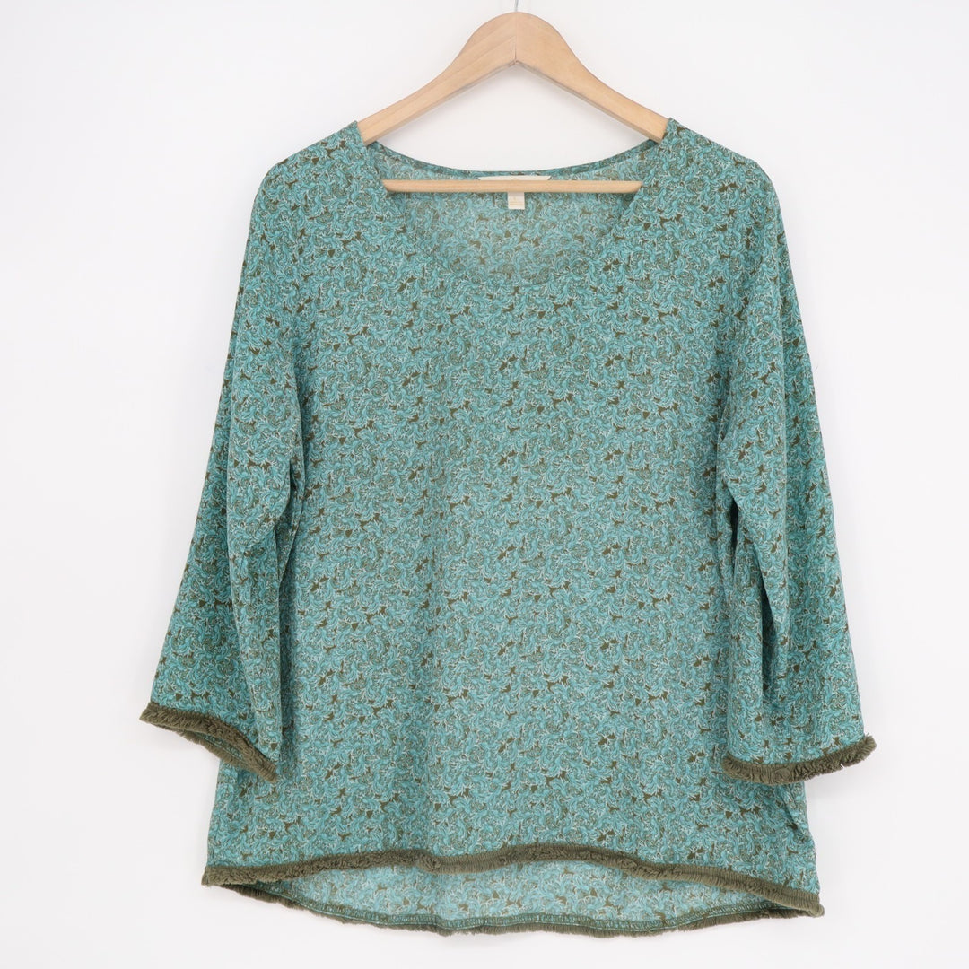 Charming Charlies Womens L Aqua Floral Fringe Trim Long Sleeve Neck Pullover