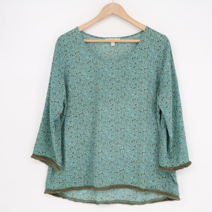 Charming Charlies Womens L Aqua Floral Fringe Trim Long Sleeve Neck Pullover