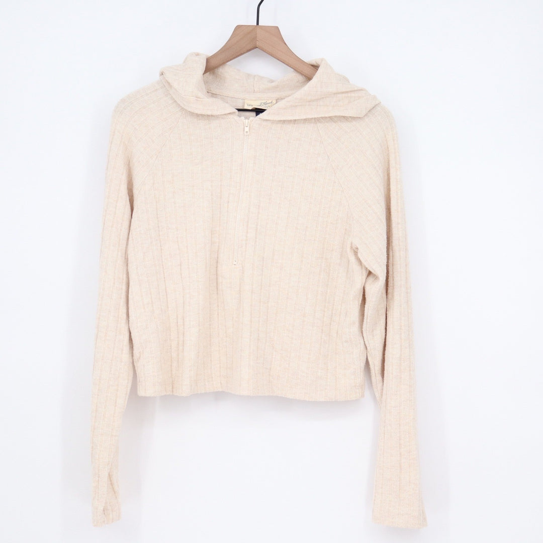 Universal Thread Cream Ribbed Quarter Zip Cropped Hoodie Sweatshirt Large