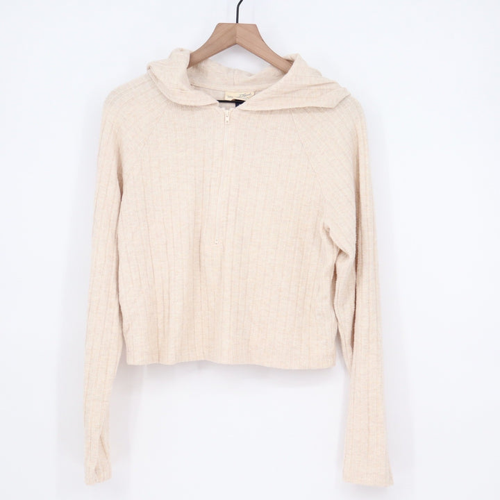 Universal Thread Cream Ribbed Quarter Zip Cropped Hoodie Sweatshirt Large