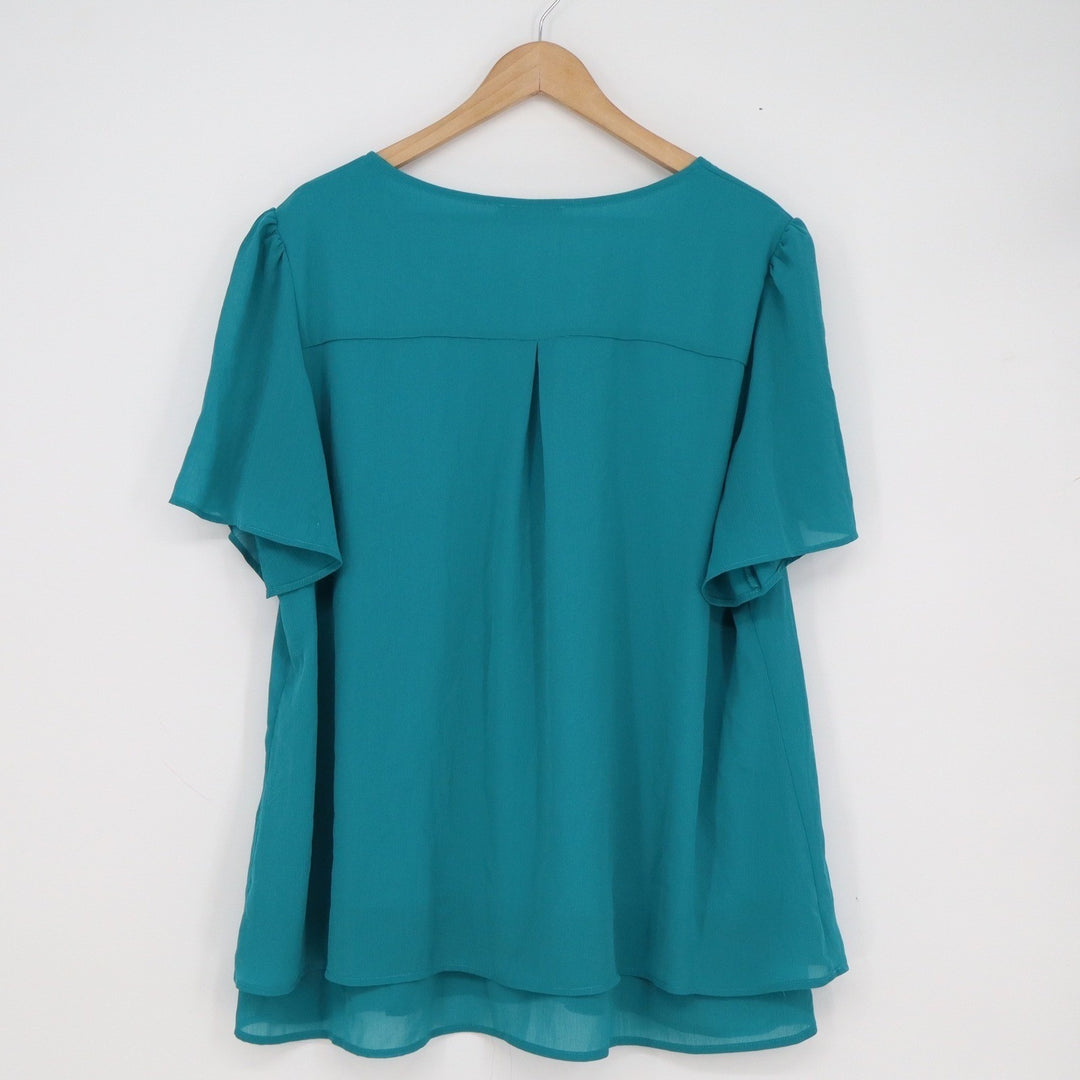 Gaharu Teal Chiffon Layered Blouse Short Flutter Sleeve Pleated Top XXL