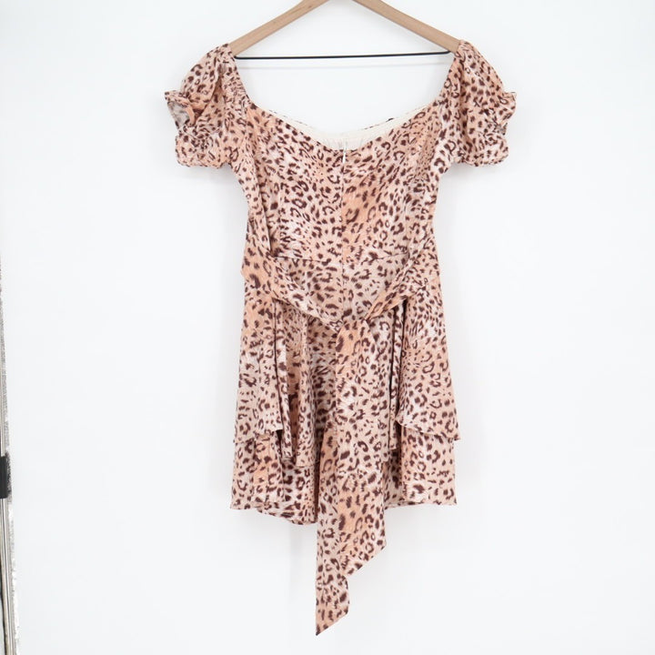 Jumpsuit Womens Large Brown Leopard Print Off The Shoulder Back Zip Puff Sleeve