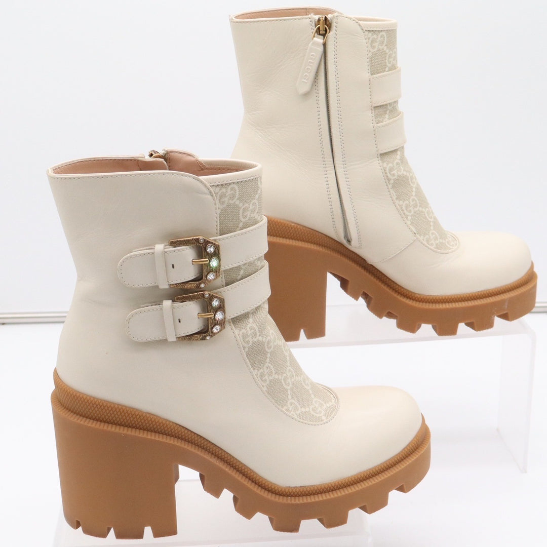 Gucci GG Supreme Leather Lug Sole Platform Buckle Ankle Boots White 38.5