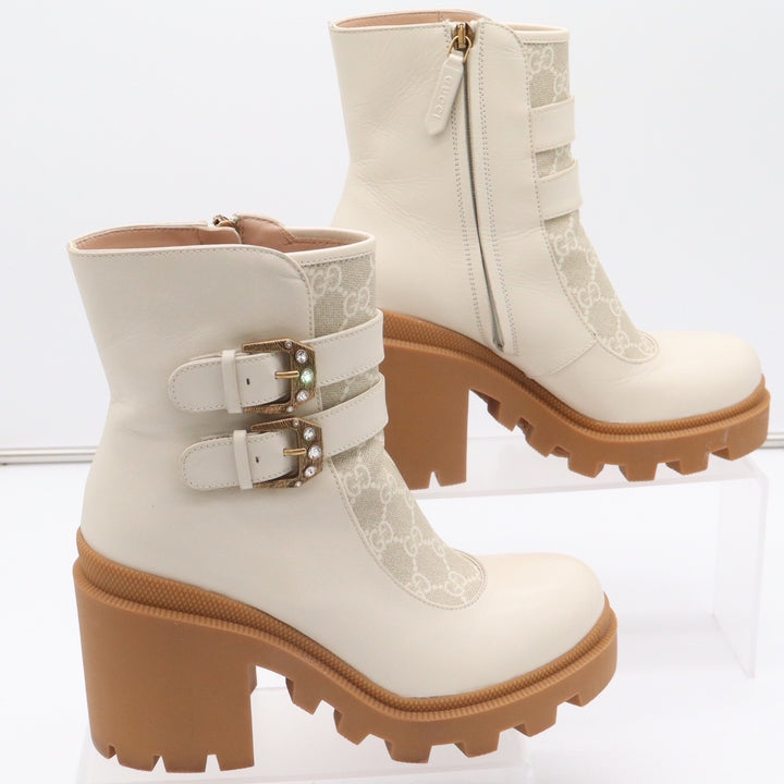 Gucci GG Supreme Leather Lug Sole Platform Buckle Ankle Boots White 38.5