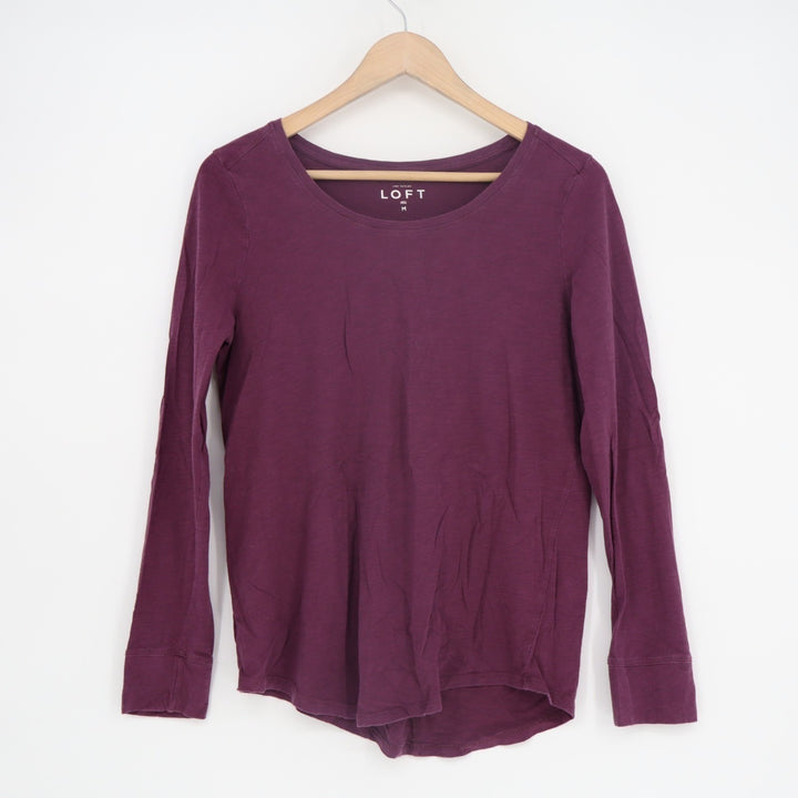 Ann Taylor Loft T-Shirt Womens M Maroon Cotton Long Sleeve Crew Neck Pullover