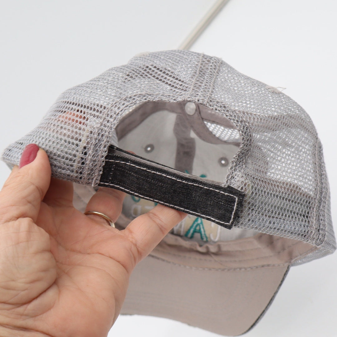 Katydid Hat Womens OSFA Happy Camper Black Distressed Mesh Trucker Cap Excellent