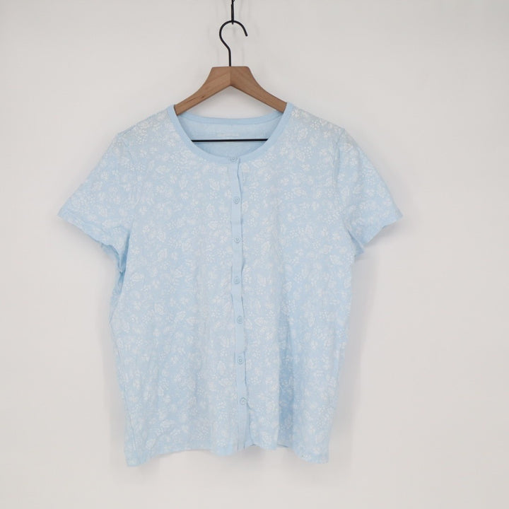 Charter Club Cropped Pajama Top Womens Large Blue Floral Cotton Button Front