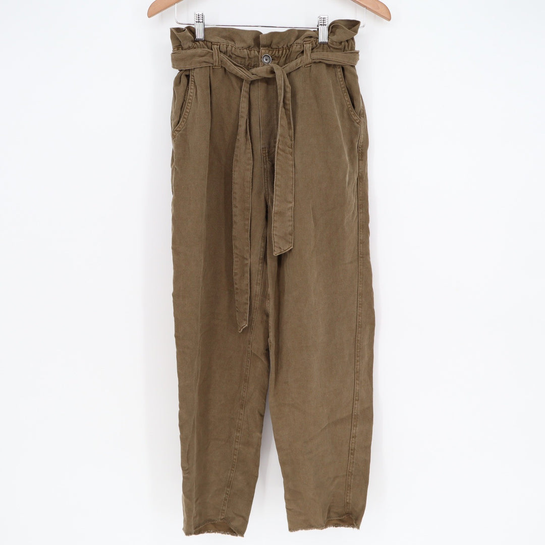 Aerie Olive Brown Linen Blend Paperbag Waist Pants Small High Rise Tie Belt