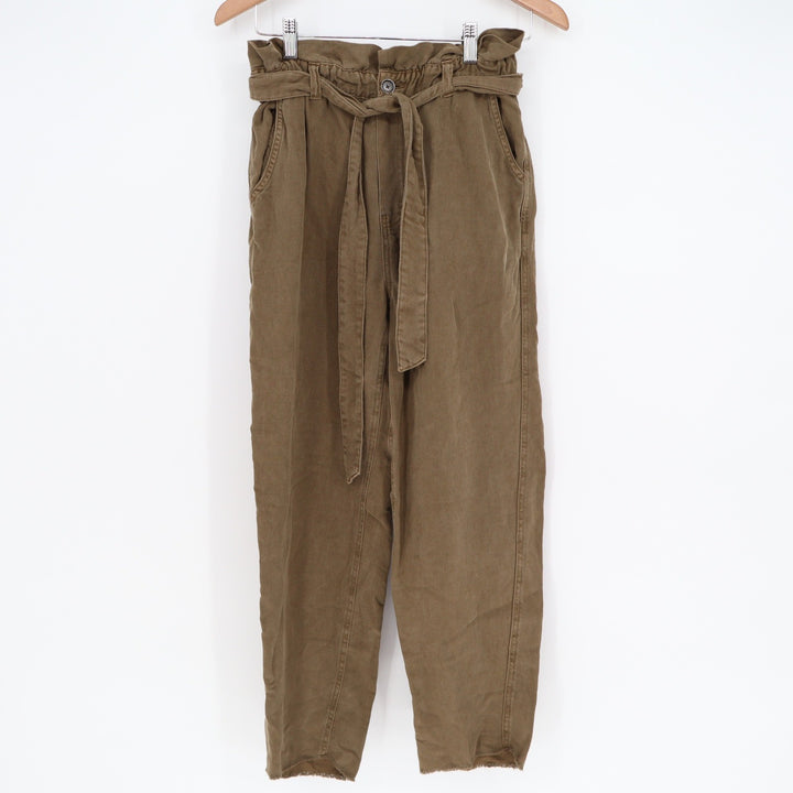 Aerie Olive Brown Linen Blend Paperbag Waist Pants Small High Rise Tie Belt