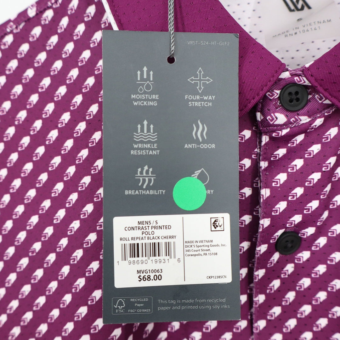 VRST Mens Contrast Printed Polo Black Cherry Geometric Golf Shirt S