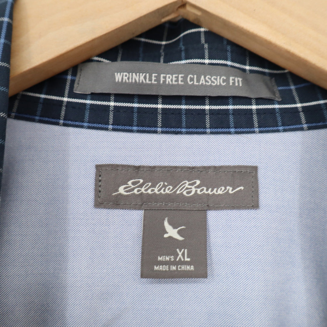 Eddie Bauer Mens XL Wrinkle Free Classic Fit Navy Blue Check Button Down Shirt