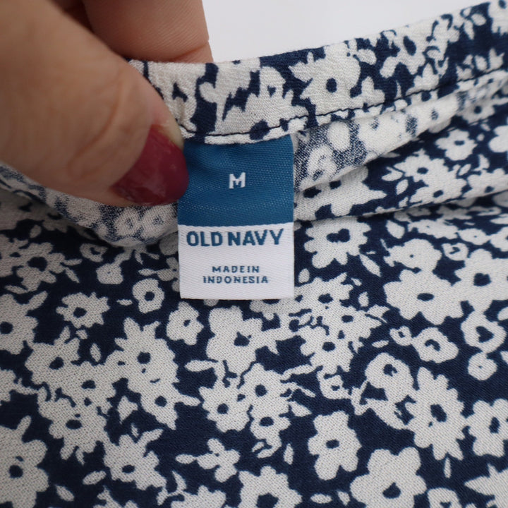 Old Navy Skirt Women M Midi Navy Blue Floral Elastic Waist Rayon Excellent