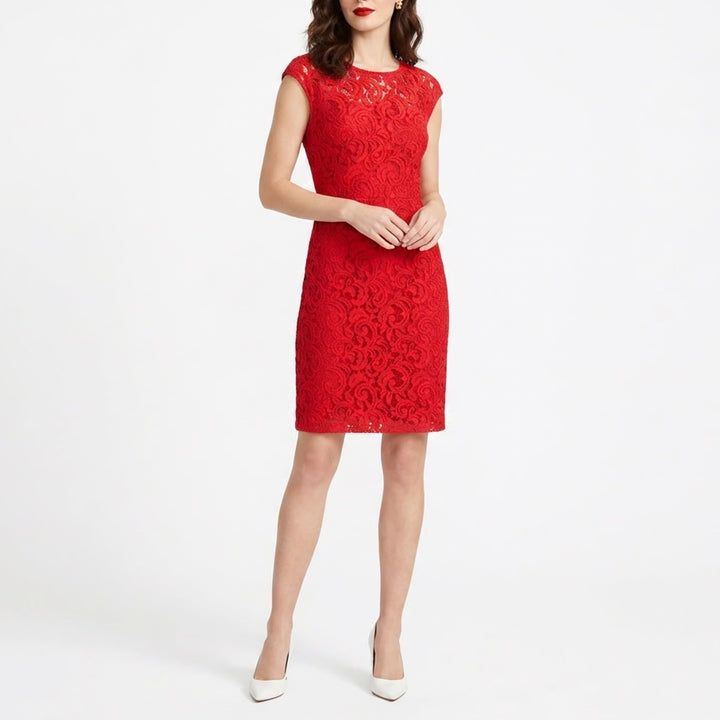 Banana Republic Red Floral Lace Cap Sleeve Sheath Dress Size 2 Boat Neck