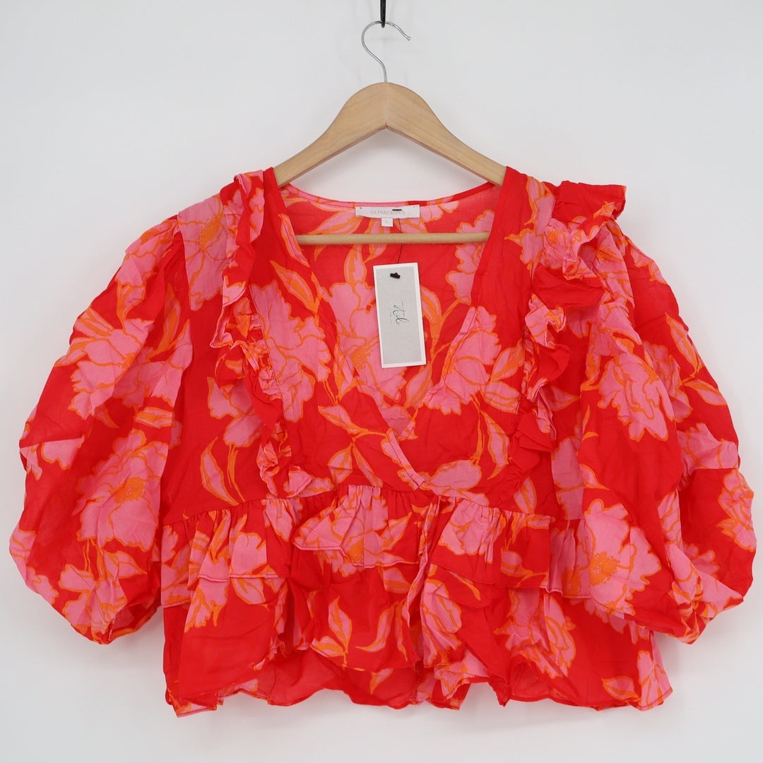 Olivaceous Red Pink Floral Ruffle Puff Sleeve Cotton Blouse Top Large