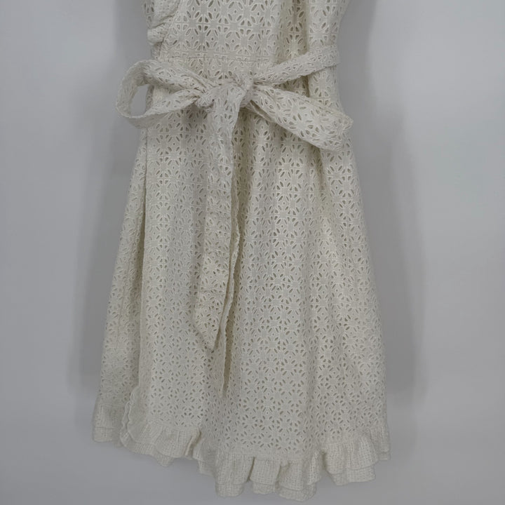 Lilly Pulitzer Wrap Dress Womens 6 Beige Eyelet Lace Overlay Cotton Belted Lined