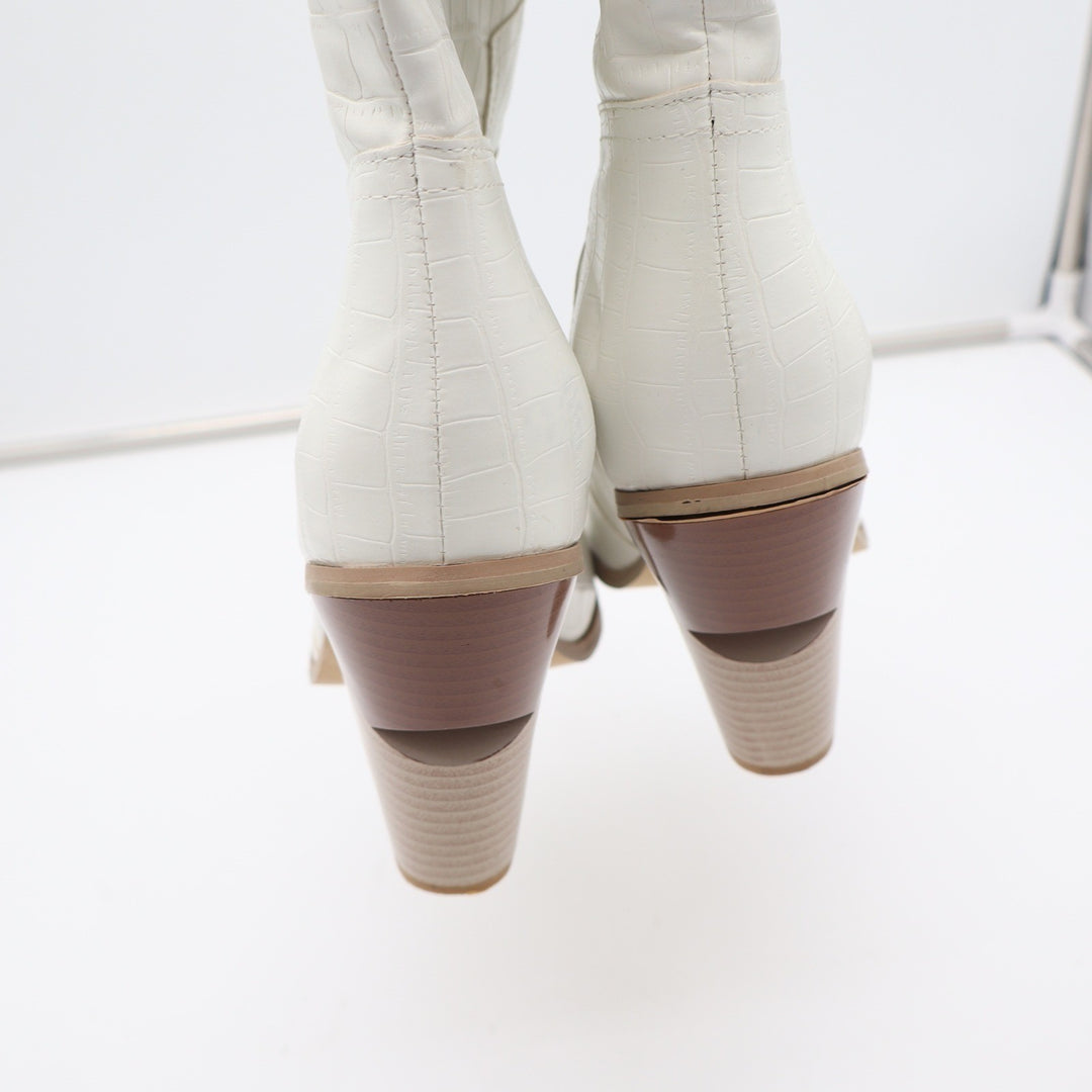 White Croc Embossed Pointed Toe Architectural Block Heel Tall Boots Size 10 41