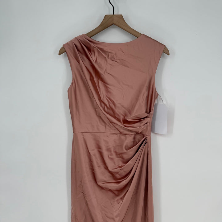 AFTER SIX High Neck Sleeveless Cap Shoulder Satin Maxi Dress In Neu Nude Size S