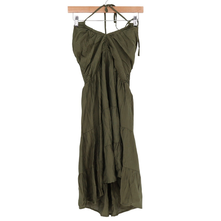 Maxi Dress Womens Large Olive Green Tiered Smocked Back Pleated Halter Neck