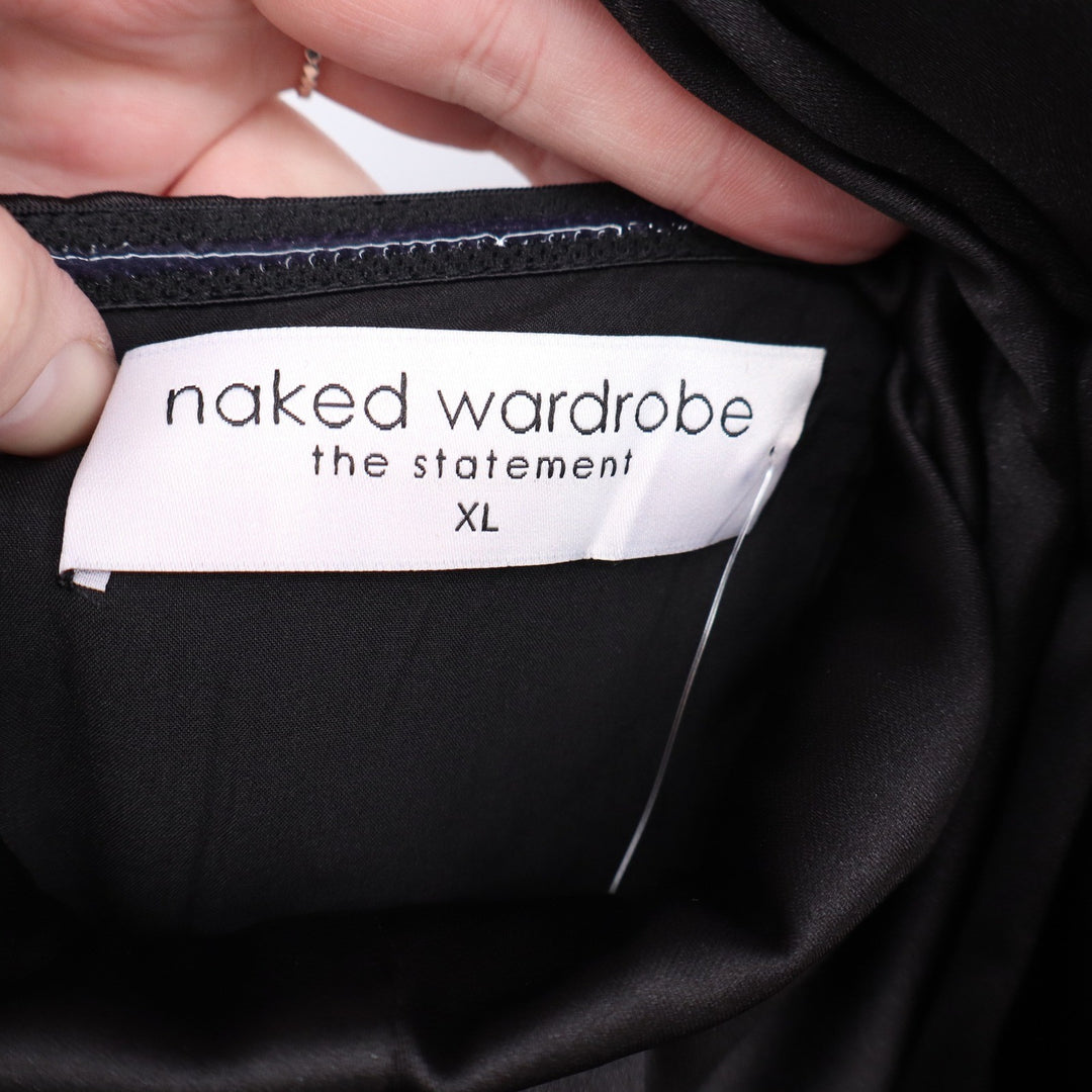 Naked Wardrobe The Statement Black Satin Strapless Ruched Mini Dress XL