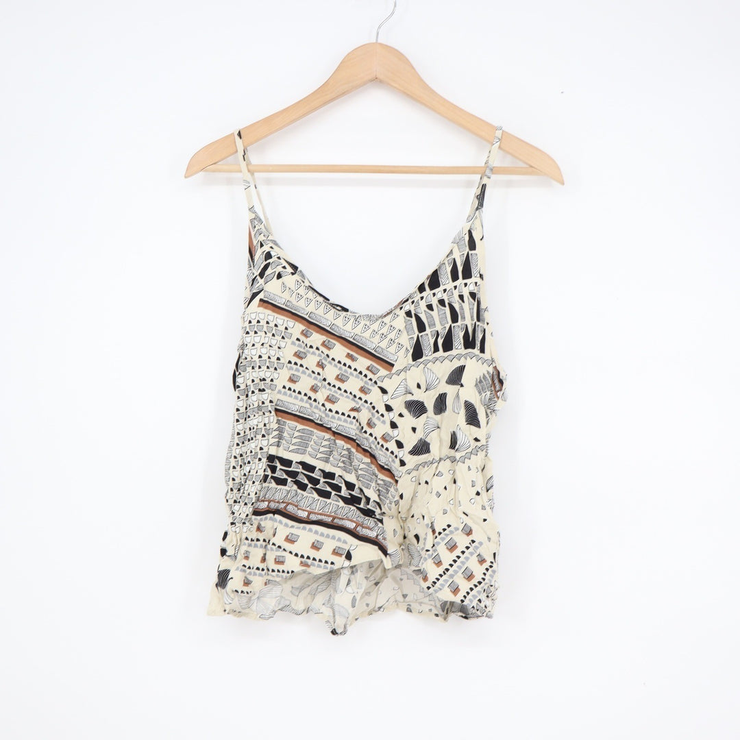 Paper Crane Geometric Abstract Button Front Cami Tank Top Cream Black Large
