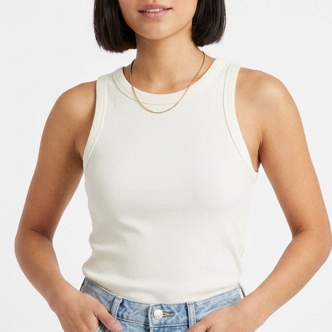 A New Day Tank Top Women L White Cotton Stretch Ribbed Knit Pullover Scoop Neck