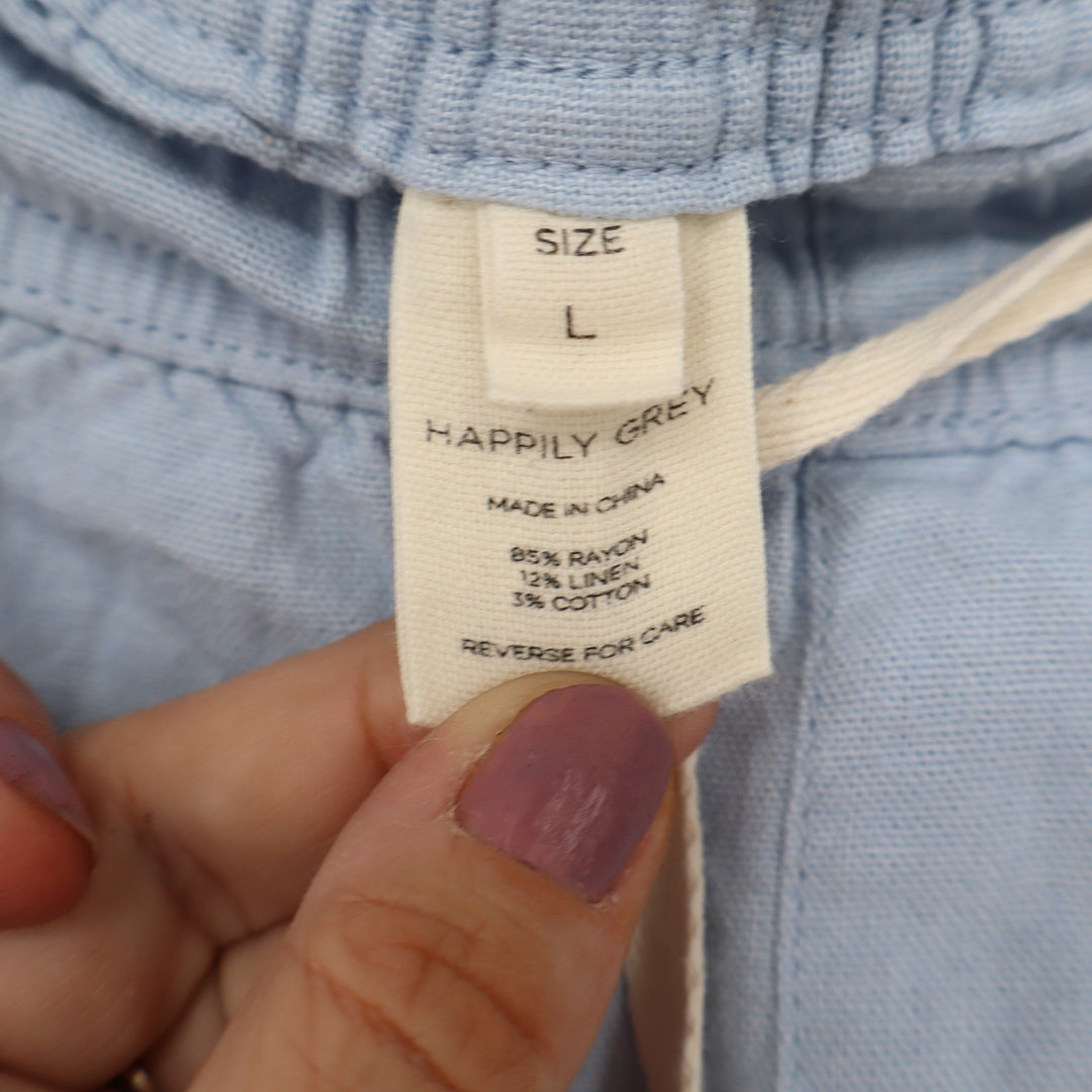 Happily Grey Light Blue Linen Blend Wide Leg Drawstring Pants Large