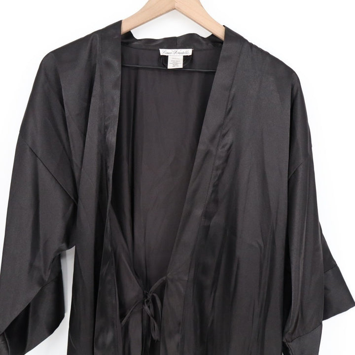 Linea Donatella Wrap Robe Lingerie Womens L/XL Black Satin 3/4 Sleeve Sleepwear