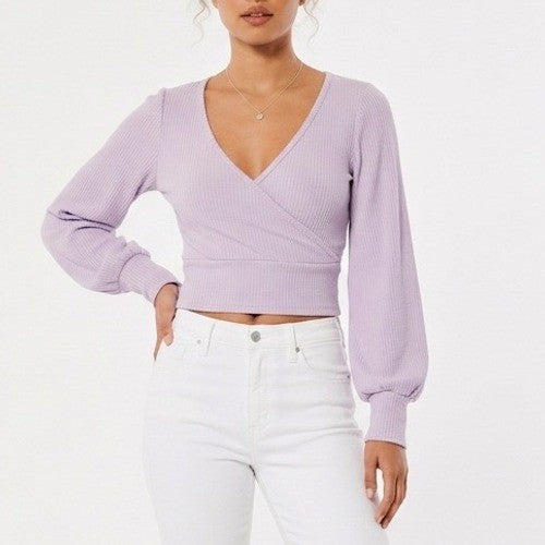 Hollister Faux Wrap Crop Top Womens L Purple Stretch V Neck Long Sleeve Ribbed