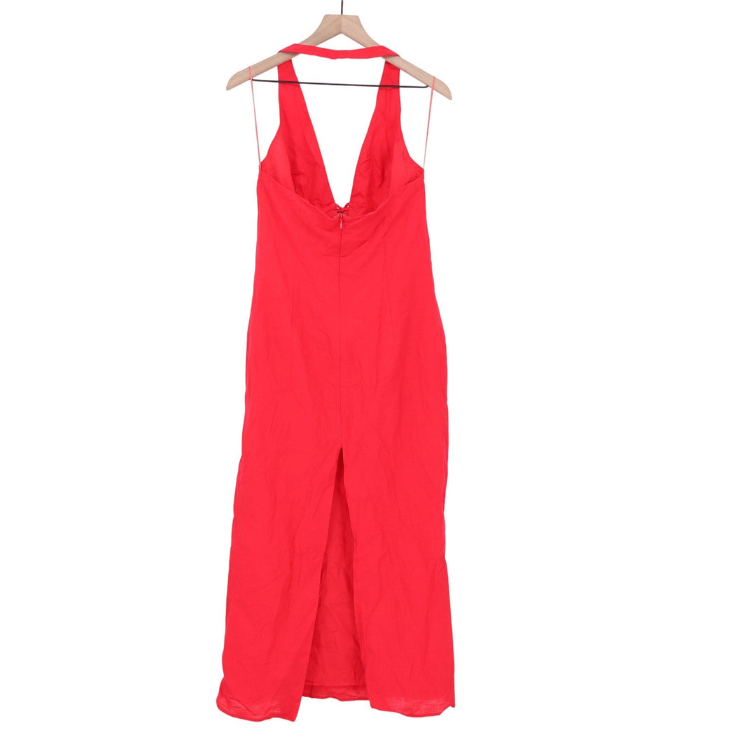 Showpo Lyla Red Linen Blend Halter Plunge Tie Front Midi Dress US 8